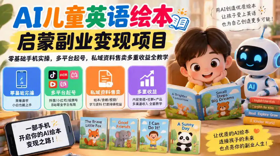 AI儿童英语绘本启蒙副业变现项目，零基础手机实操，多平台起号，私域资料售卖多重收益全教学-免费项目网