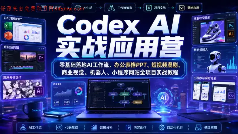 Codex AI实战应用营|零基础落地AI工作流,办公表格PPT、短视频漫剧、商业视觉、机器人、小程序网站全项目实战教程