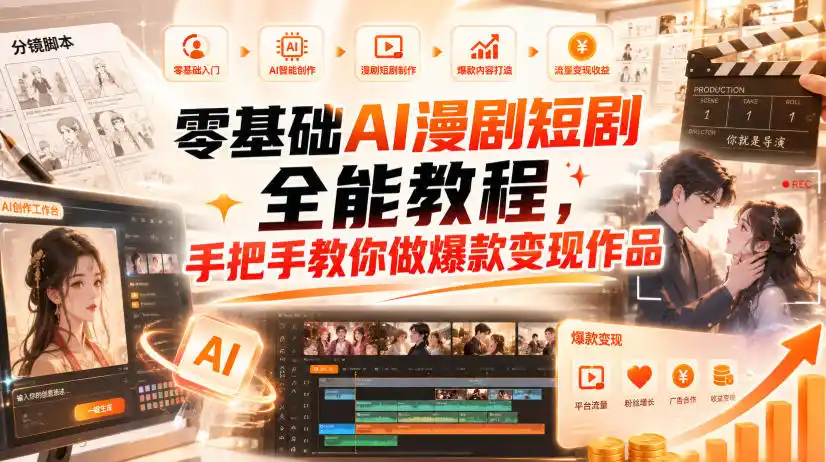 零基础AI漫剧短剧全能教程，从AI智能体搭建、文案脚本分镜、多平台AI生视频、剪映精修，覆盖全题材创作，手把手教你做爆款变现作品