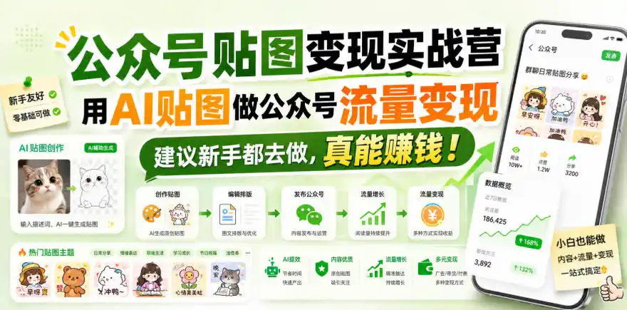 公众号贴图变现实战营，用AI贴图做公众号流量变现，建议新手都去做，真能賺钱！