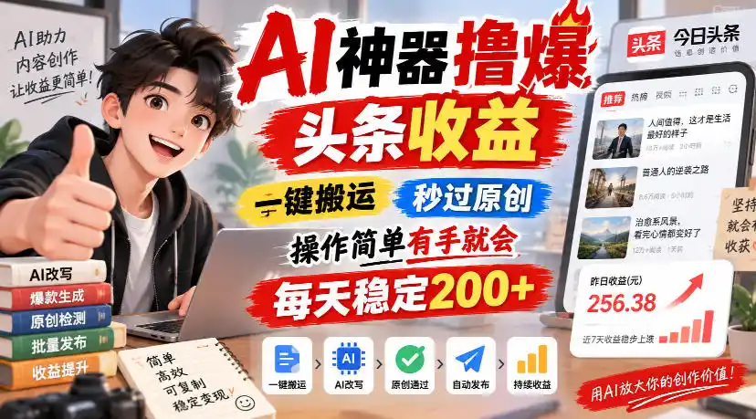 AI神器撸爆头条收益,一键搬运,秒过原创,操作简单有手就会,每天稳定200+【揭秘】