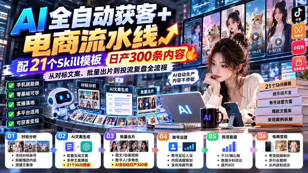【无水印】AI全自动获客+电商流水线：配21个Skill模板，日产300条内容，从对标文案、批量出片到投流复盘全流程-免费项目网