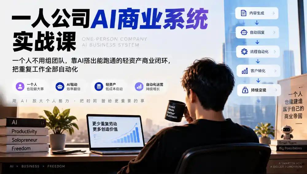 一人公司AI商业系统实战课，一个人不用组团队，靠AI搭出能跑通的轻资产商业闭环，把重复工作全部自动化-免费项目网