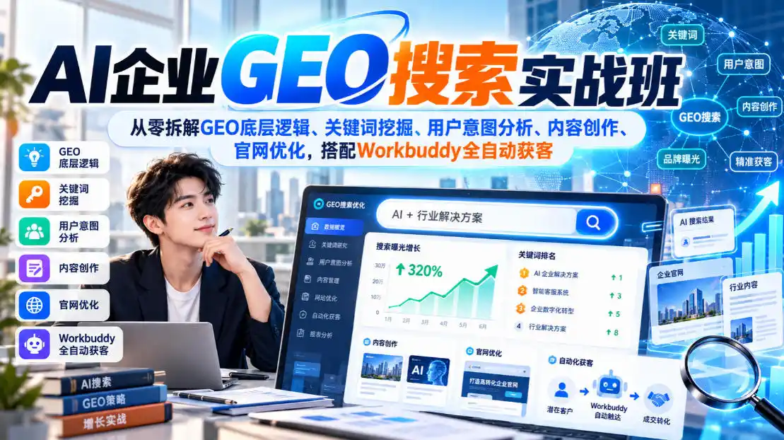 AI企业GEO搜索实战班,从零拆解GEO底层逻辑、关键词挖掘、用户意图分析、内容创作、官网优化,搭配Workbuddy全自动获客