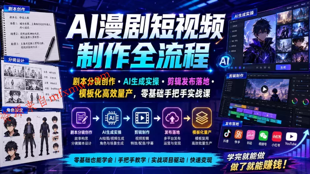 AI漫剧短视频制作全流程|剧本分镜创作・AI生成实操・剪辑发布落地・模板化高效量产,零基础手把手实战课