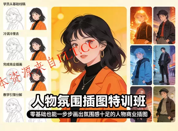 人物氛围插图特训班，零基础也能一步步画出氛围感十足的人物商业插图