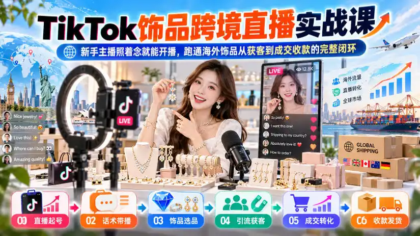 TikTok饰品跨境直播实战课，新手主播照着念就能开播，跑通海外饰品从获客到成交收款的完整闭环-免费项目网