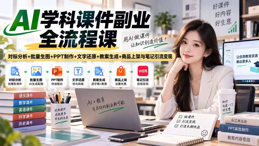 AI学科课件副业全流程课｜对标分析+批量生图+PPT制作+文字还原+教案生成+商品上架与笔记引流变现-免费项目网
