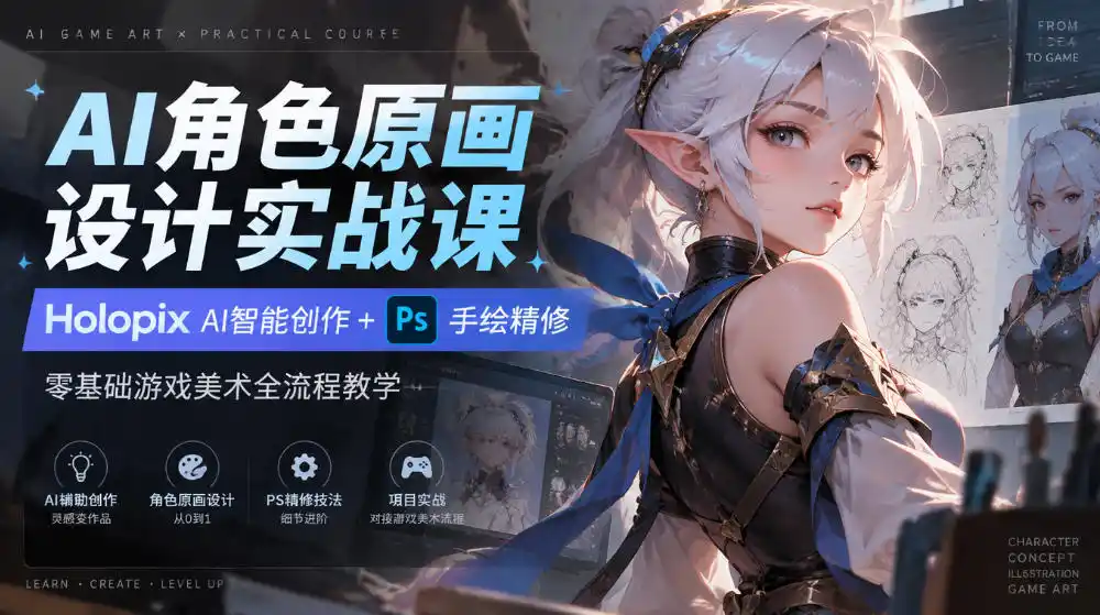 AI角色原画设计实战课|Holopix AI智能创作+PS手绘精修,零基础游戏美术全流程教学-免费项目网