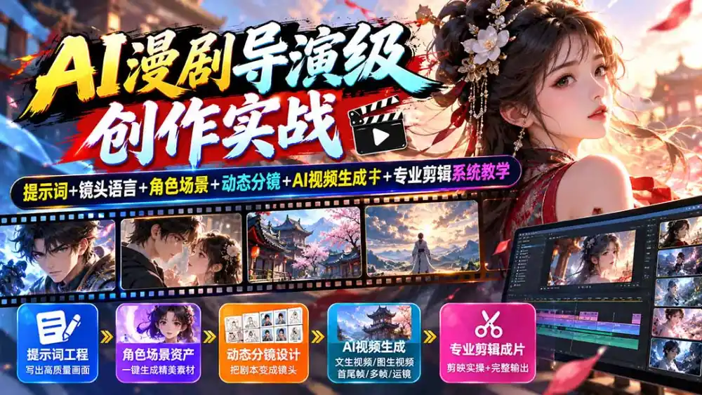 AI漫剧导演级创作实战：提示词+镜头语言+角色场景+动态分镜+AI视频生成+专业剪辑系统教学-免费项目网