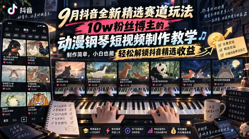9月抖音全新精选赛道玩法,10w粉丝博主的动漫钢琴短视频制作教学,制作简单,小白也能轻松解锁抖音精选收益