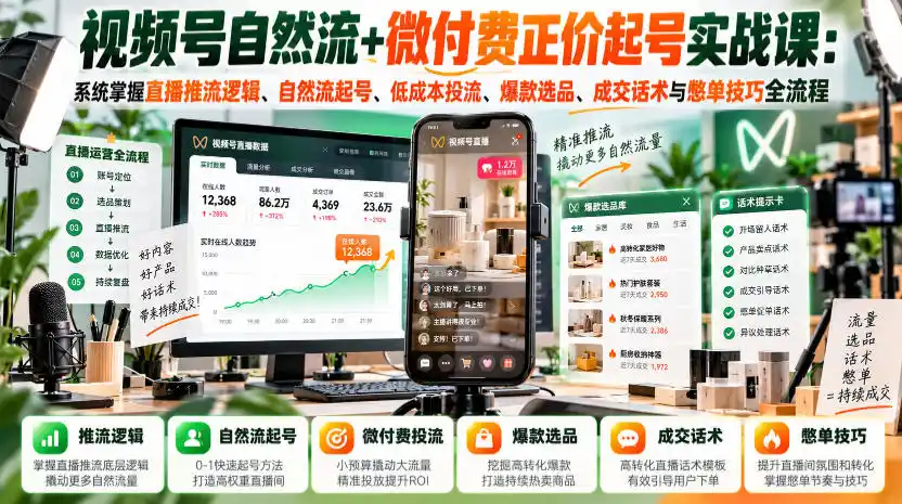视频号自然流+微付费正价起号实战课:系统掌握直播推流逻辑、自然流起号、低成本投流、爆款选品、成交话术与憋单技巧全流程-免费项目网