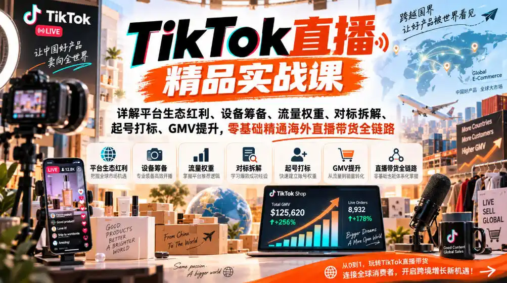 TikTok直播精品实战课，详解平台生态红利、设备筹备、流量权重、对标拆解、起号打标、GMV提升，零基础精通海外直播带货全链路-免费项目网