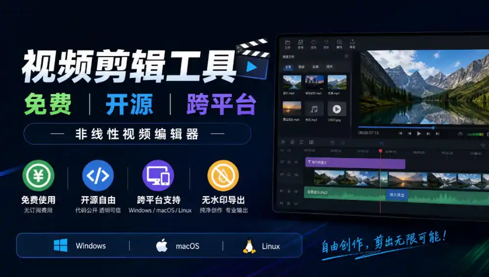 视频剪辑工具,免费、开源、跨平台,非线性视频编辑器,支持Windows、macOS、Linux,无水印、无订阅费用
