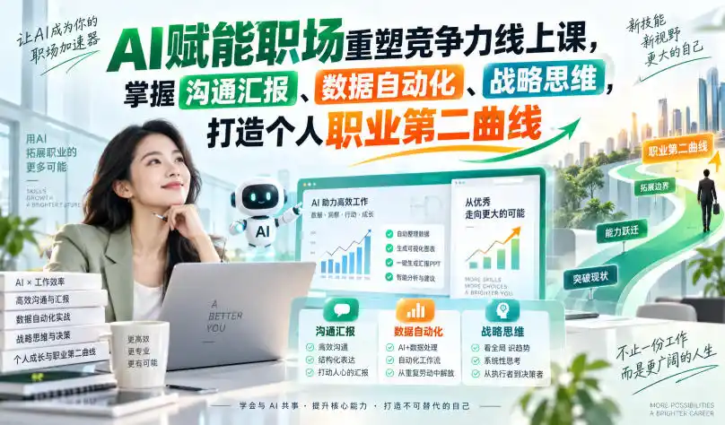 AI赋能职场重塑竞争力线上课,掌握沟通汇报、数据自动化、战略思维,打造个人职业第二曲线