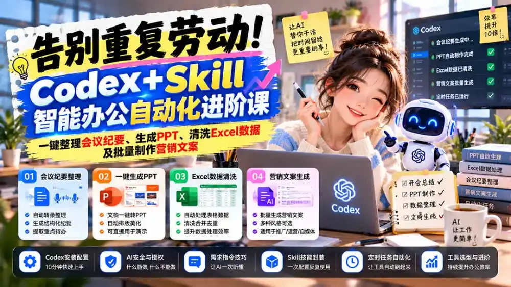 告别重复劳动！Codex+Skill智能办公自动化进阶课：一键整理会议纪要、生成PPT、清洗Excel数据及批量制作营销文案-免费项目网
