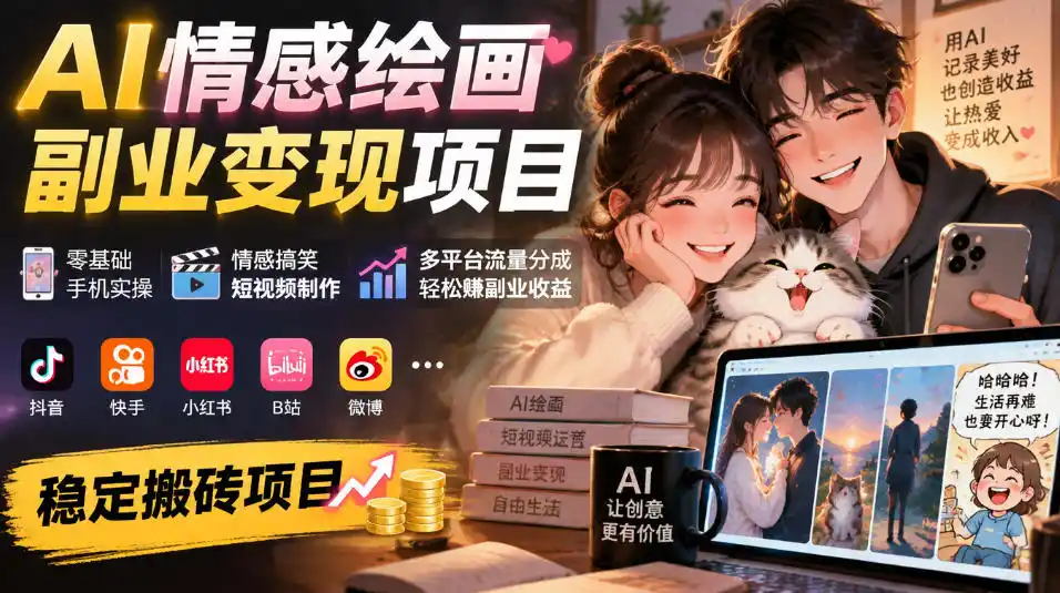 AI情感绘画副业变现项目｜零基础手机实操，情感搞笑短视频制作，多平台流量分成轻松賺副业收益-免费项目网