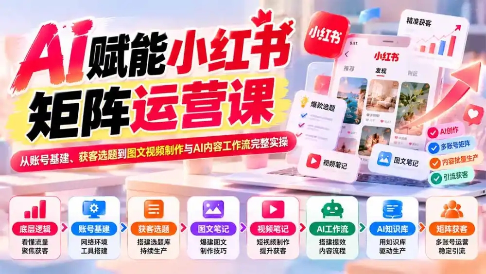 AI赋能小红书矩阵运营课:从账号基建、获客选题到图文视频制作与AI内容工作流完整实操-免费项目网