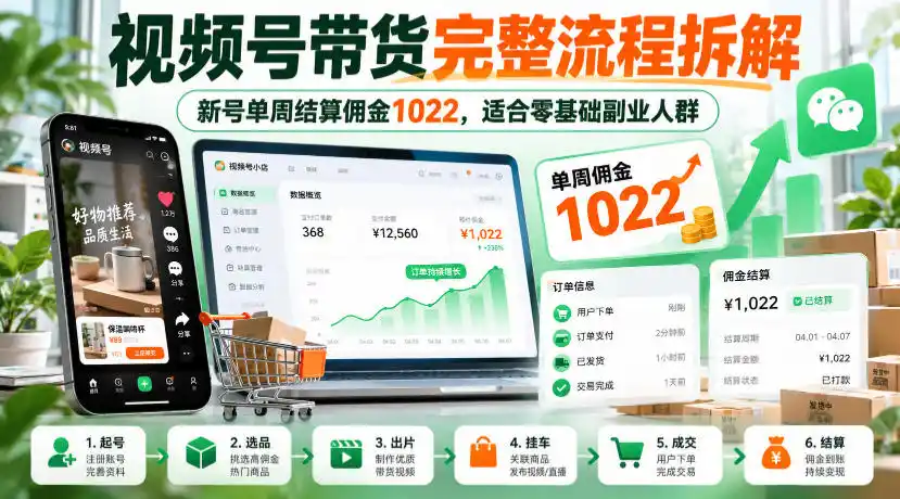 视频号带货完整流程拆解,新号单周结算佣金1022,适合零基础副业人群-免费项目网