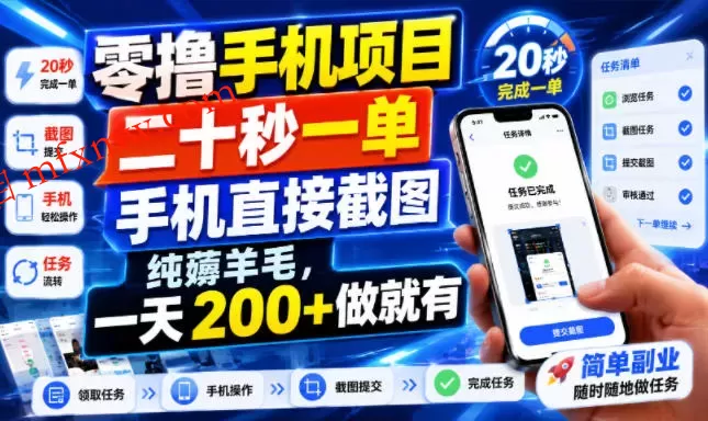 零撸手机项目，二十秒一单，手机直接截图，纯薅羊毛，一天200+做就有【揭秘】
