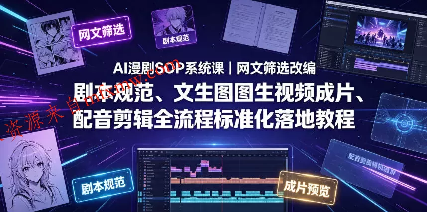 AI漫剧SOP系统课|网文筛选改编、剧本规范、文生图图生视频成片、配音剪辑全流程标准化落地教程