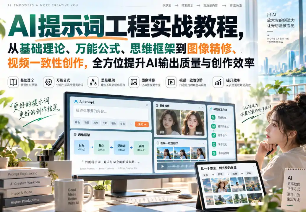 AI提示词工程实战教程,从基础理论、万能公式、思维框架到图像精修、视频一致性创作,全方位提升AI输出质量与创作效率