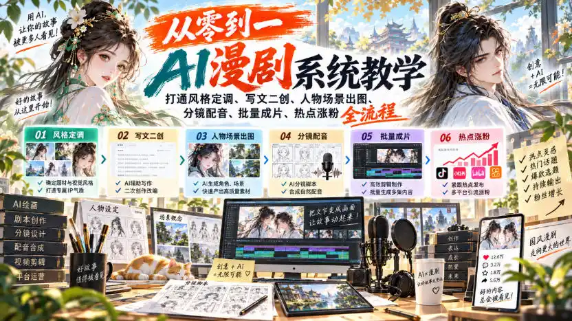 从零到一AI漫剧系统教学,打通风格定调、写文二创、人物场景出图、分镜配音、批量成片、热点涨粉全流程
