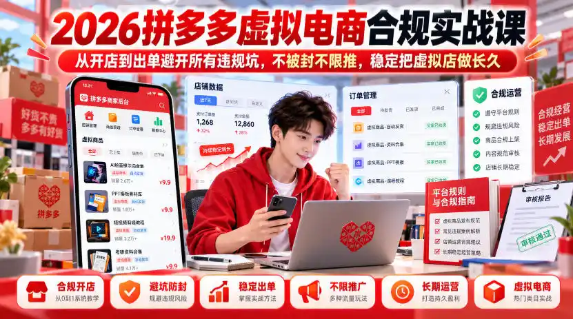 2026拼多多虚拟电商合规实战课，从开店到出单避开所有违规坑，不被封不限推，稳定把虚拟店做长久-免费项目网