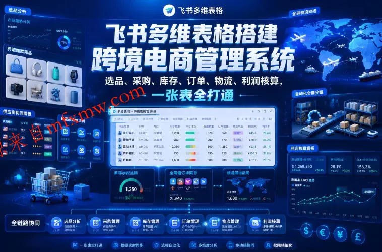 飞书多维表格搭建跨境电商管理系统,选品、采购、库存、订单、物流、利润核算,一张表全打通