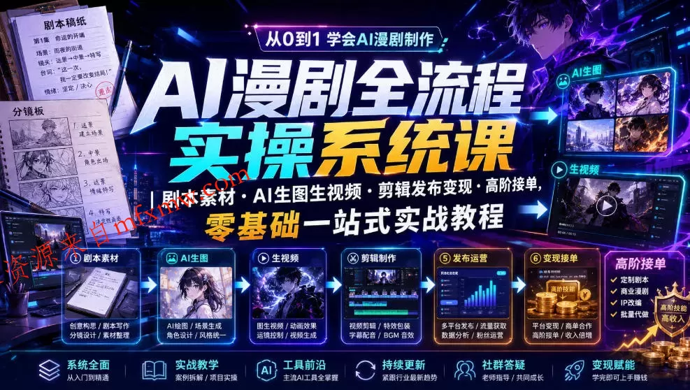 AI漫剧全流程实操系统课|剧本素材・AI生图生视频・剪辑发布变现・高阶接单,零基础一站式实战教程