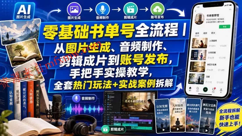 零基础书单号全流程|从图片生成、音频制作、剪辑成片到账号发布,手把手实操教学,全套热门玩法+实战案例拆解