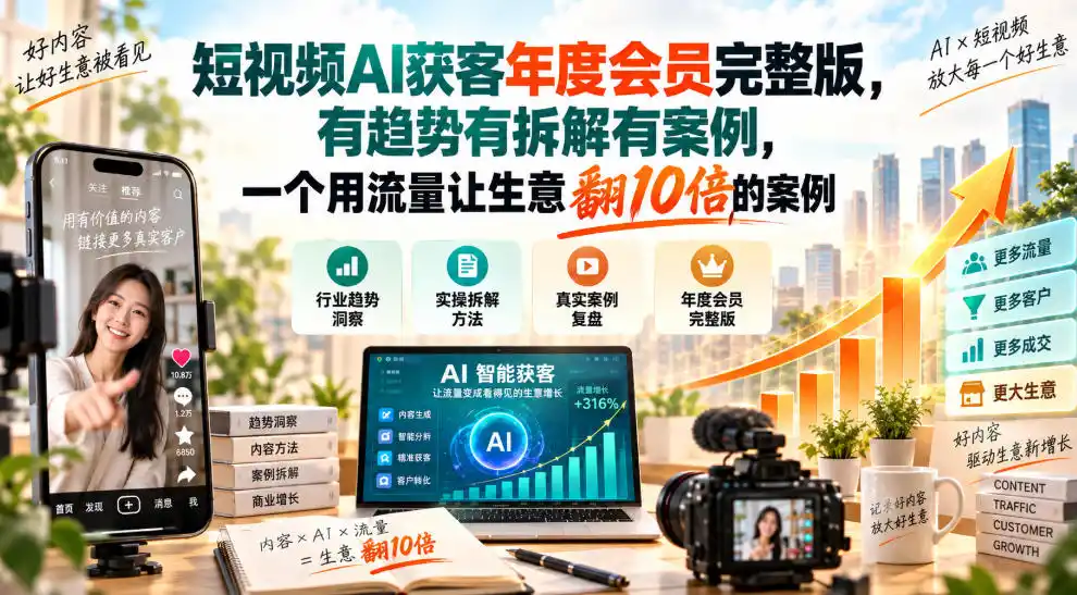 短视频AI获客年度会员完整版,有趋势有拆解有案例,一个用流量让生意翻10倍的案例