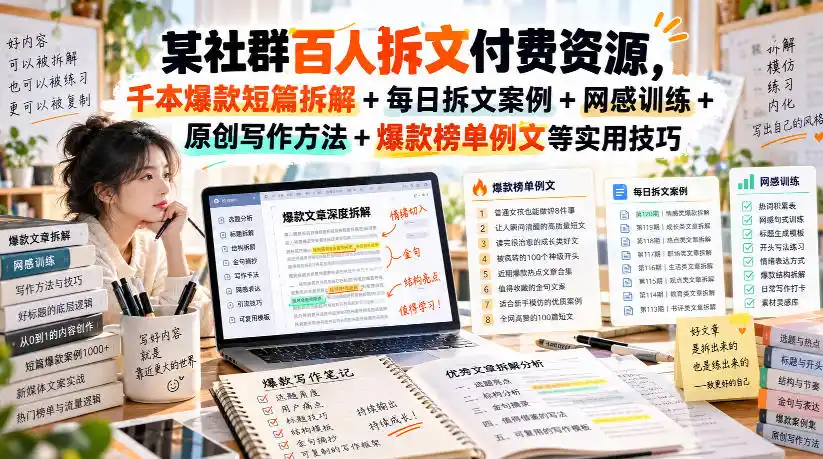 某社群百人拆文付费资源,千本爆款短篇拆解+每日拆文案例+网感训练+原创写作方法+爆款榜单例文等实用技巧(持续更新)