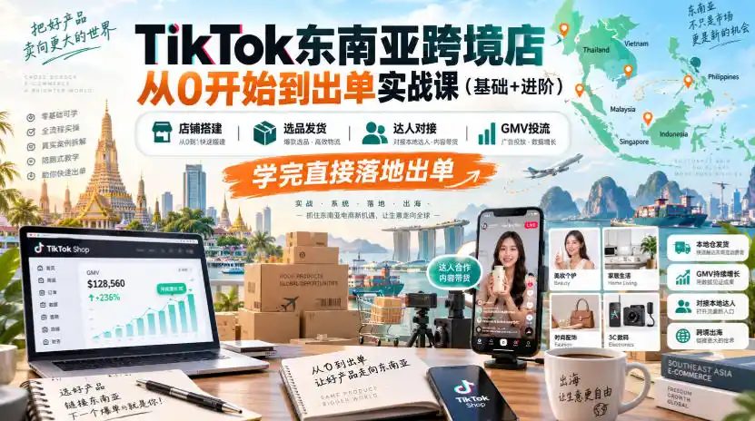 TikTok东南亚跨境店从0开始到出单实战课(基础+进阶)，店铺搭建、选品发货、达人对接、GMV投流，学完直接落地出单-免费项目网