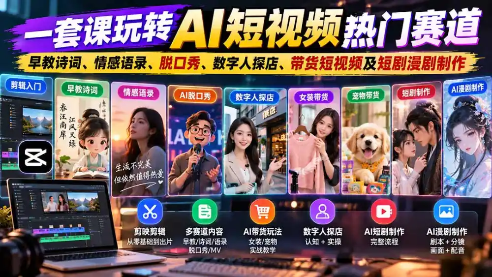 一套课玩转AI短视频热门赛道:早教诗词、情感语录、脱口秀、数字人探店、带货短视频及短剧漫剧制作 复制标题-免费项目网