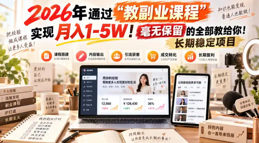 2026年通过“教副业课程”实现月入1-5W！毫无保留的全部教给你！长期稳定项目-免费项目网