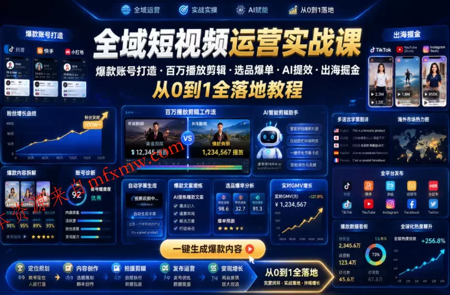 全域短视频运营实战课，爆款账号打造・百万播放剪辑・选品爆单・AI提效・出海掘金，从0到1全落地教程