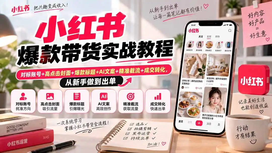 小红书爆款带货实战教程｜对标账号+高点击封面+爆款标题+AI文案+精准截流+成交转化，从新手做到出单-免费项目网
