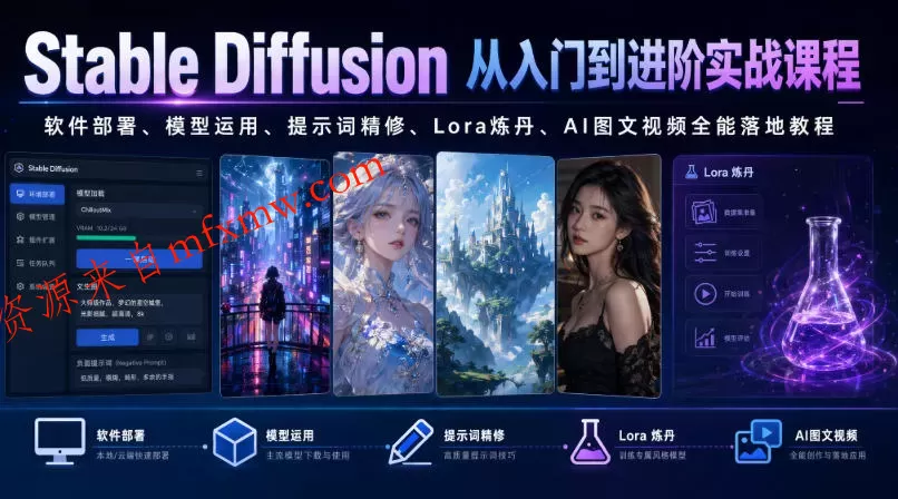 Stable Diffusion从入门到进阶实战课程｜软件部署、模型运用、提示词精修、Lora炼丹、AI图文视频全能落地教程