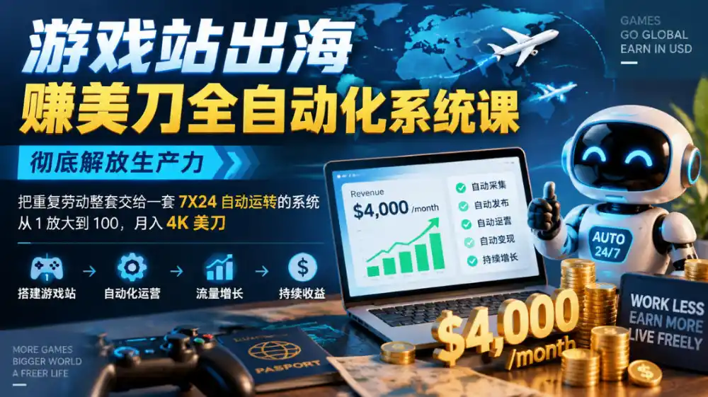 游戏站出海賺美刀全自动化系统课，彻底解放生产力–把重复劳动整套交给一套7X24自动运转的系统，从1放大到100，月入4K美刀-免费项目网
