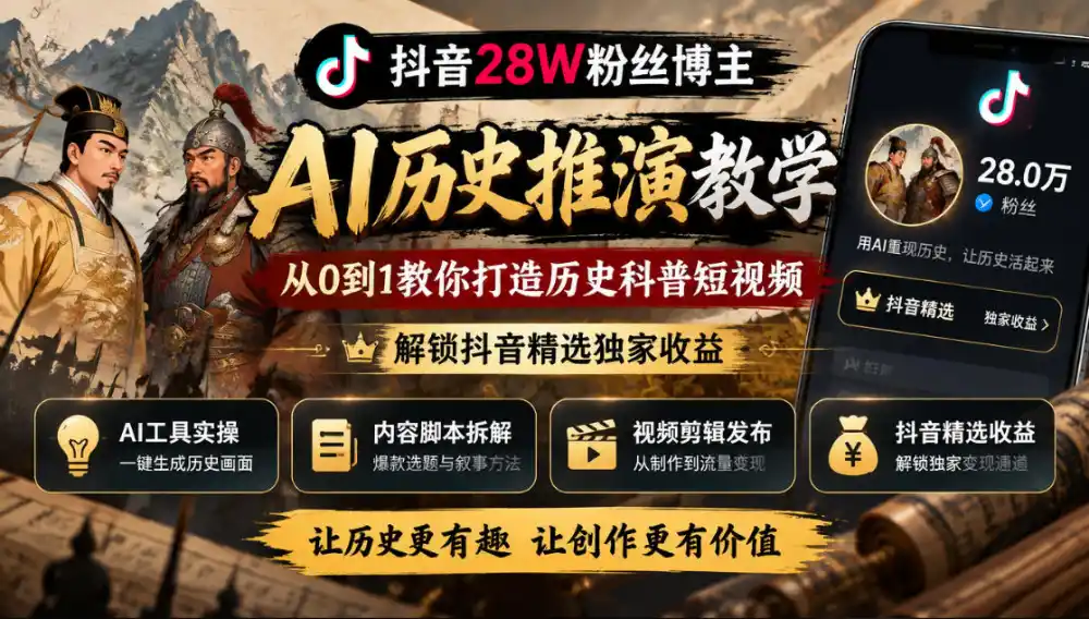 抖音28W粉丝博主的AI历史推演教学，从0到1教你打造历史科普短视频，解锁抖音精选独家收益-免费项目网