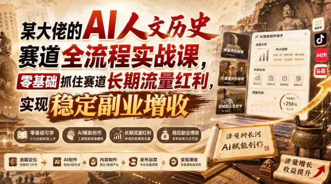 某大佬的AI人文历史赛道全流程实战课，零基础抓住赛道长期流量红利，实现稳定副业增收
