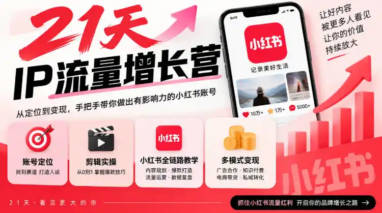 21天IP流量增长营，小红书全链路教学，账号定位剪辑实操，多模式变现系统课-免费项目网