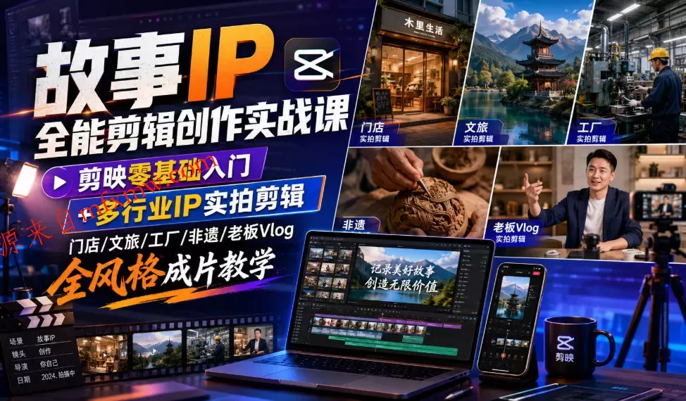 故事IP全能剪辑创作实战课|剪映零基础入门+多行业IP实拍剪辑,门店/文旅/工厂/非遗/老板Vlog全风格成片教学