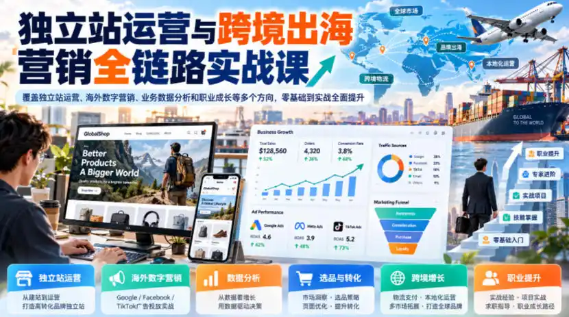 独立站运营与跨境出海营销全链路实战课,覆盖独立站运营、海外数字营销、业务数据分析和职业成长等多个方向,零基础到实战全面提升-免费项目网