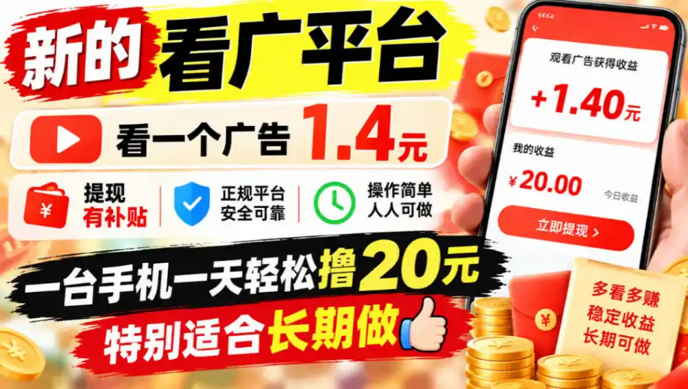 一个新的看广平台,看一个广告1.4元,提现有补贴,一台手机一天轻松撸20+,特别适合长期做【揭秘】-免费项目网