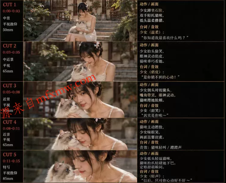 美女和猫故事提示词,人物一致性提示词+故事板