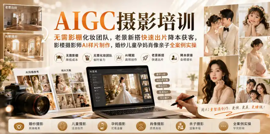 AIGC摄影培训|无需影棚化妆团队,老景新搭快速出片降本获客,影楼摄影师AI样片制作,婚纱儿童孕妈肖像亲子全案例实操