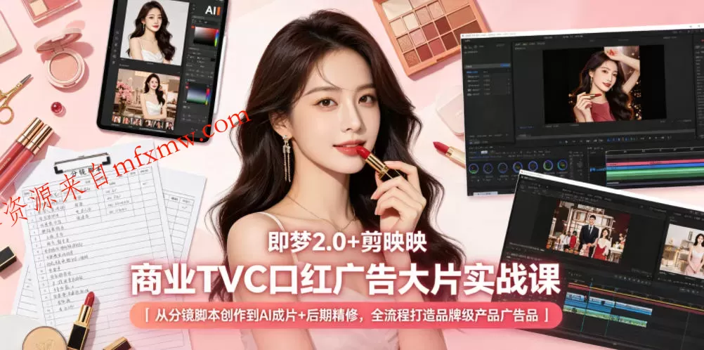即梦2.0+剪映商业TVC口红广告大片实战课｜从分镜脚本创作到AI成片+后期精修，全流程打造品牌级产品广告