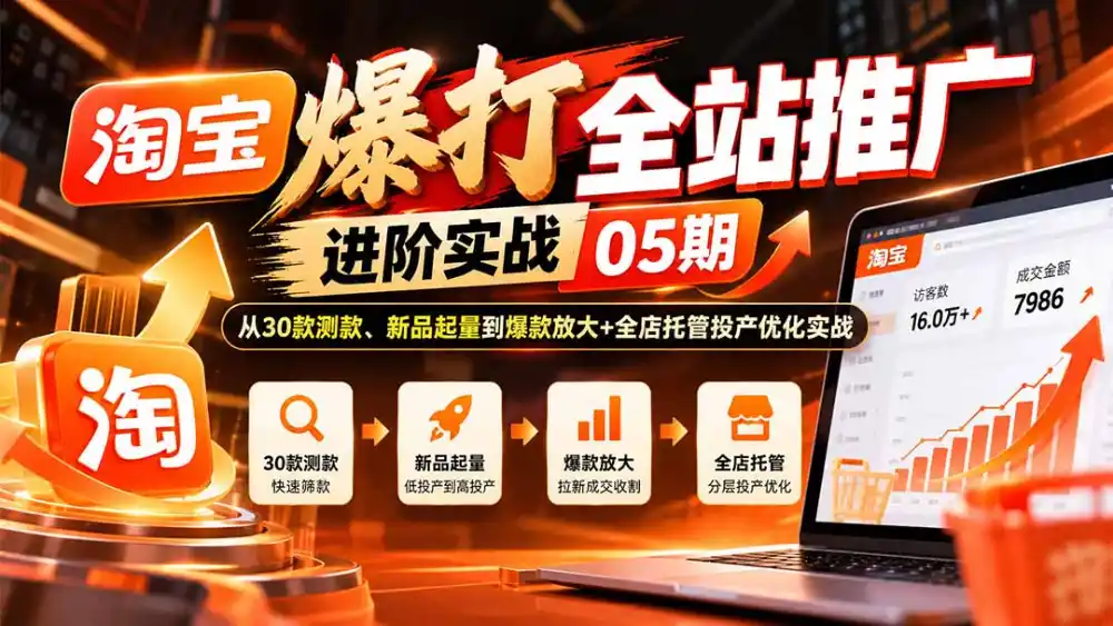 淘宝爆打全站推广进阶实战05期:从30款测款、新品起量到爆款放大+全店托管投产优化实战-免费项目网